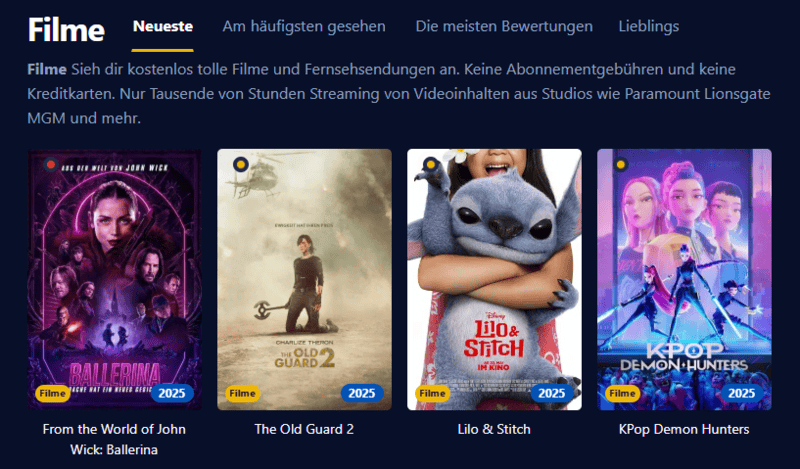 Bildschirmfoto der Filmpalast Oberflaeche die verschiedene Filme und Serien zeigt